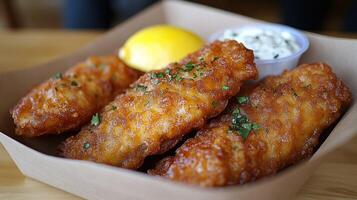 Crispy golden fried fish portions served with lemon wedge and tartar sauce photo