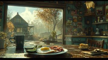 Cozy kitchen breakfast scene with a view photo