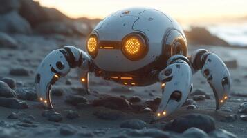 Cute, futuristic robot on a beach photo