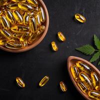 cbd oil capsules and cannabis leaf on a black background photo