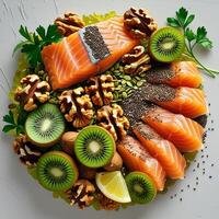 salmon, kiwi, walnuts, and other fruits and vegetables photo