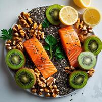 salmon, kiwi, walnuts and chia seeds on a plate photo