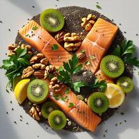 salmon, walnuts, and other fruits and vegetables arranged in a circle photo