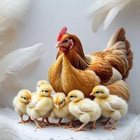 a chicken and her chicks are standing in front of a white background photo
