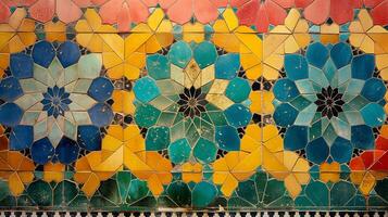 This artwork showcases intricate details of a colorful mosaic with floral motifs. The design combines various shades creating an abstract feel, enriching any background. photo