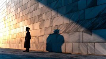 A graduate in a cap and gown stands quietly against a grand marble wall, their silhouette casting a dramatic shadow during sunset. photo