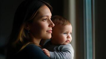A mother holds her baby lovingly in her arms, both looking out the window and sharing a peaceful moment together, captivated by the view. photo