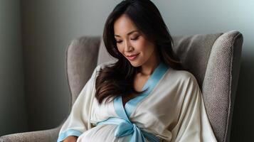 A serene moment captures a pregnant woman dressed in a cream robe with a light blue sash as she comfortably sits in a chair, reflecting on motherhood. photo