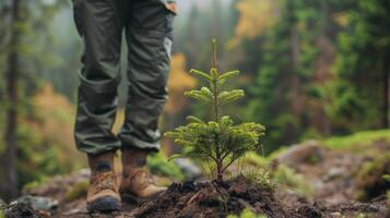 A person plants a small tree sapling into the earth, surrounded by vibrant greenery. This activity promotes growth and supports sustainable forestry practices in a rural landscape. photo