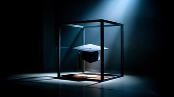 A graduation cap hovers effortlessly within a sleek glass cuboid, highlighted by a gentle spotlight that creates a serene atmosphere. photo