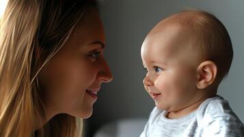 A mother is sharing a tender moment with her smiling baby, enjoying each other's presence in a cozy indoor setting filled with gentle light. photo