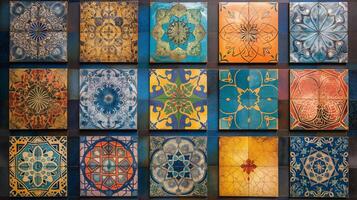 An array of colorful tiles forms a captivating mosaic, showcasing elaborate patterns and textures that blend beautifully. photo