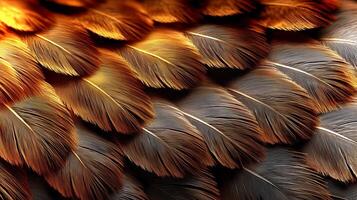 Layers of beautifully detailed feathers display warm colors and intricate textures, creating an ecological atmosphere in this artistic backdrop perfect for design. photo