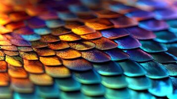 Close-up view reveals the iridescent texture of fish scales, showcasing a vibrant palette of colors reflecting light in an intricate pattern. photo