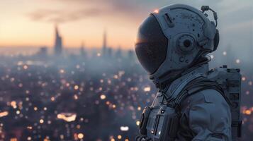 A space nomad stands on a high vantage point, observing a sprawling city illuminated by thousands of lights. The sun sets on the horizon, casting a warm glow over the urban landscape. photo
