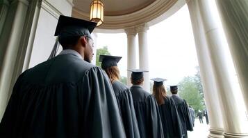 Graduates dressed in gray gowns with silver cords walk in a line toward a formal ceremony. They are gathering for a significant graduation event outdoors. photo