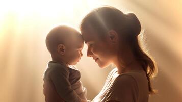 A mother lovingly cradles her baby, sharing a gentle interaction in a softly illuminated environment. Their foreheads touch, expressing deep affection and warmth. photo