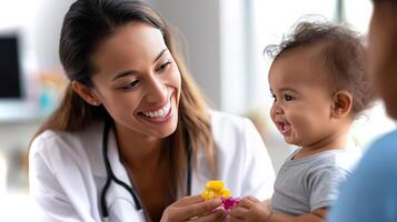 A pediatrician smiles while showing a colorful toy to a happy baby. The interaction takes place in a well-lit clinic, creating a joyful atmosphere. photo
