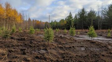 Workers are planting young saplings in nutrient-rich soil within a reforestation area surrounded by a lush landscape. This activity supports conservation and biodiversity efforts. photo