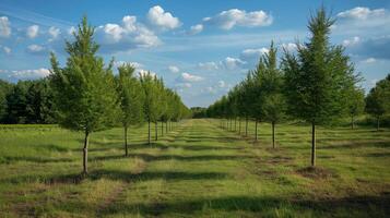 Vibrant young trees stand in neat rows, basking under a sunny sky filled with fluffy clouds. This reforestation effort enhances the green landscape and promotes biodiversity. photo