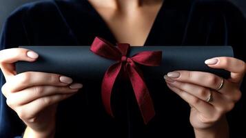 Hands hold a rolled diploma elegantly tied with a scarlet ribbon, symbolizing achievement and recognition during a celebration of graduation. photo