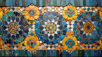 This artwork showcases a vibrant mosaic composed of diverse materials, displaying intricate patterns in blue, yellow, and orange. The harmonious design captures attention through its abstract style. photo