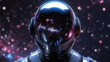 An astronaut with a glossy helmet gazes into the vast cosmos, reflecting brilliant stars and galaxies. The wanderer's presence signifies exploration and discovery in a boundless universe. photo