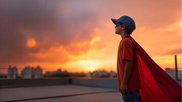 A Brazilian boy confidently poses as a superhero on a rooftop, wearing a towel as a cape, against a stunning sunset backdrop filled with vibrant colors. photo