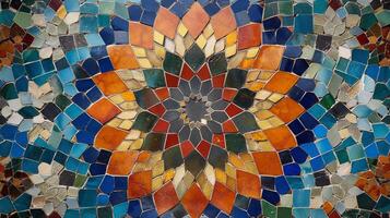 A stunning abstract mosaic composed of colorful tiles arranged in a floral pattern. photo