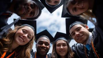 A group of graduates forms a circular arrangement, smiling and wearing caps and gowns, enjoying their graduation beneath a partly cloudy sky on a bright day. photo