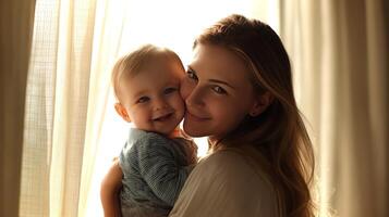 A mother holds her smiling baby close, their cheeks touching. Warm sunlight filters through sheer curtains, creating a serene and affectionate atmosphere. photo