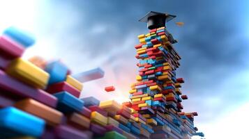 A graduation cap hovers above a tall tower constructed from vibrant blocks, symbolizing success in the field of artificial intelligence, under a dramatic sky. photo