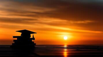 Silhouette shows a graduation cap resting atop a stack of textbooks as the sun sets on the horizon, creating a colorful sky. photo