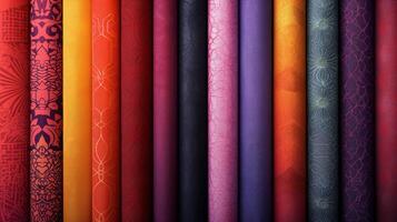 A vivid display features an assortment of fabric rolls grouped by color, highlighting intricate patterns and textures. photo