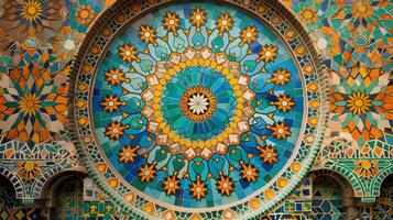 Intricate mosaic design featuring vivid colors and geometric shapes creates an abstract visual experience. The artwork blends artistry and culture, highlighting skilled craftsmanship. photo