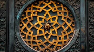 Displaying a detailed mosaic design with interwoven golden patterns on a textured dark background, creating an eye-catching abstract artwork. photo