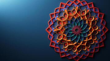 A striking abstract mosaic showcases intricate patterns and vivid colors, creating a stunning visual effect against a deep blue background. The design captures attention with its elaborate details. photo
