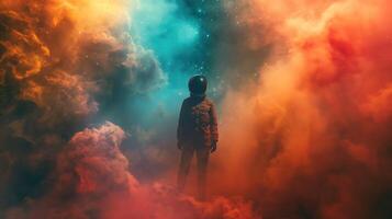 A solitary figure in an astronaut suit gazes into the mesmerizing colors of a vast cosmic landscape. Nebulas swirl around, creating a dreamlike atmosphere, inviting wonder and exploration. photo