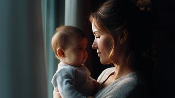 In a warm, softly lit room, a mother gazes affectionately at her baby, creating a precious bond during a peaceful afternoon together. photo