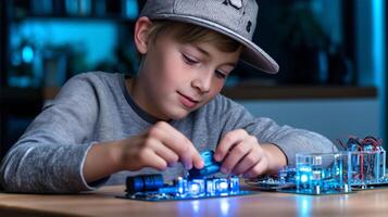 A Swiss boy focuses intently as he places a cap on a robotic toy during a STEM workshop in a tech lab. photo