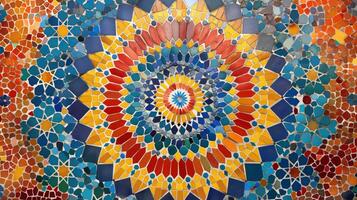 A vibrant mosaic pattern features intricate designs and vivid colors, creating an abstract background. The artwork combines shades of blue, yellow, red, and orange for a captivating visual experience. photo