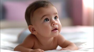 A baby lying on its stomach gazes upwards with wide eyes, surrounded by a cozy indoor setting illuminated by soft light, radiating innocence and joy. photo