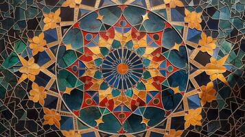 A stunning abstract mosaic features vibrant colors and geometric patterns, creating a mesmerizing visual experience. The artwork blends blue, green, and orange hues in a symmetrical arrangement. photo