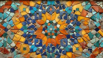 An intricate mosaic showcases an array of colorful tiles arranged in geometric patterns. Various shades of blue, orange, and yellow create a striking visual effect. photo