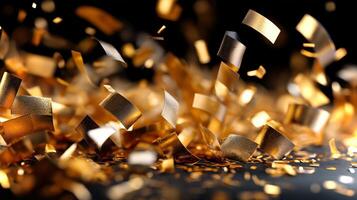 A burst of golden confetti flies through the air, capturing the essence of joy and excitement during a lively celebration at a festive event. photo
