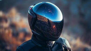 A space nomad gazes into the cosmos, wearing a futuristic helmet that mirrors the stars. The landscape features distant galaxies, showcasing a vivid universe waiting to be discovered. photo