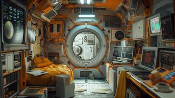 Inside a vibrant space habitat, a cozy bed sits near a large circular window. Advanced screens and equipment line the walls, showcasing a blend of technology and comfort for cosmic wanderers. photo