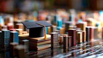 A graduation cap rests among numerous miniature buildings, representing education and success in a creatively crafted urban environment. photo