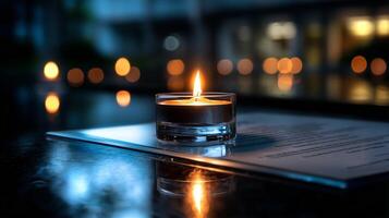 Candle flame gently flickers, casting a warm glow on a diploma laid on a reflective surface, creating a peaceful atmosphere in a quiet setting. photo