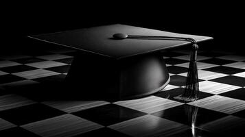 A graduation cap rests on the queen square of a chessboard, symbolizing the intersection of education and strategic decision-making in life. photo
